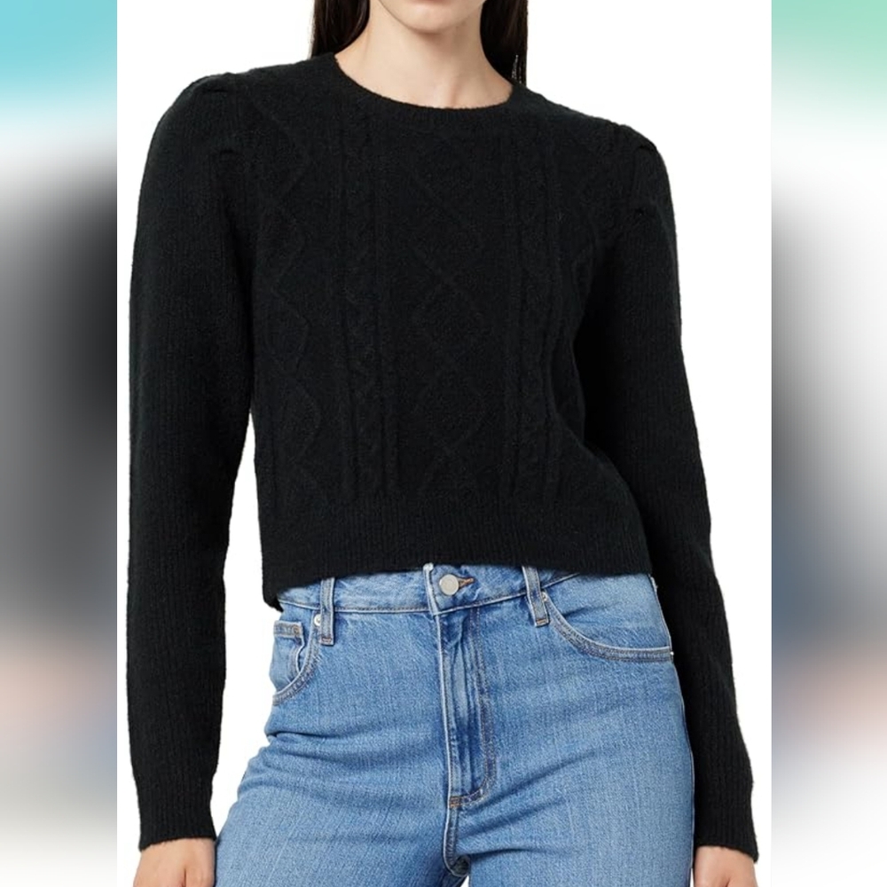 New The Drop Gloria Puff Sleeve Cable Knit Sweater-Black
